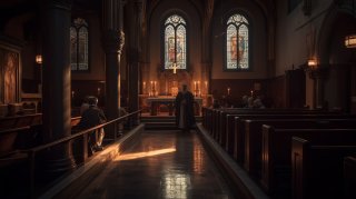 Künstlerische Darstellung, Priester wäscht Füße von Gläubigen am Gründonnerstag.